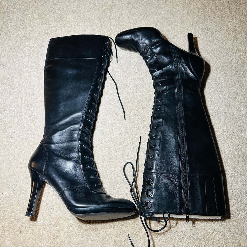 Women’s Nine West Vintage Boots Lace Up Black Real Leather